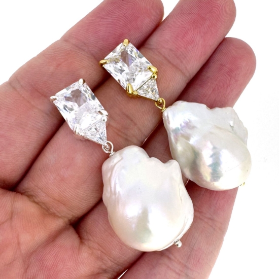 Wholesale Sample-order item - 925 Sterling Silver or Gold Over Silver Large CZ Stone and Baroque Pearl Dangle Studs