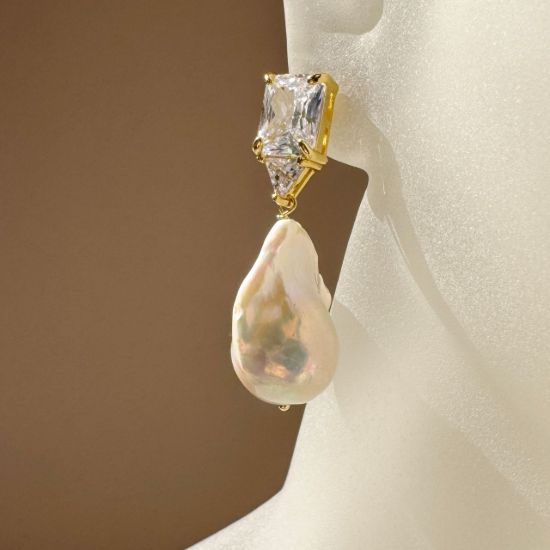 Wholesale Sample-order item - 925 Sterling Silver or Gold Over Silver Large CZ Stone and Baroque Pearl Dangle Studs