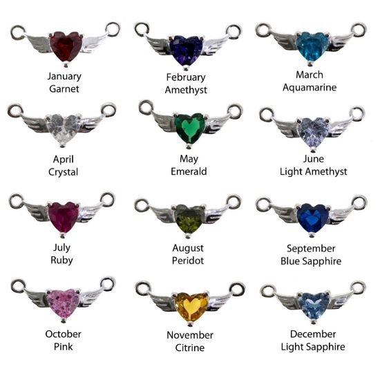 Wholesale 925 Sterling Silver 12 month set Birthstone Heart with Wings Connectors