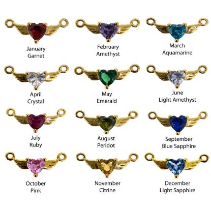 Wholesale Gold over Sterling Silver Heart Birthstone with Angel Wings Connector-AAAA CZ stones
