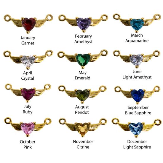 Wholesale Gold over Sterling Silver Heart Birthstone with Angel Wings Connector-AAAA CZ stones
