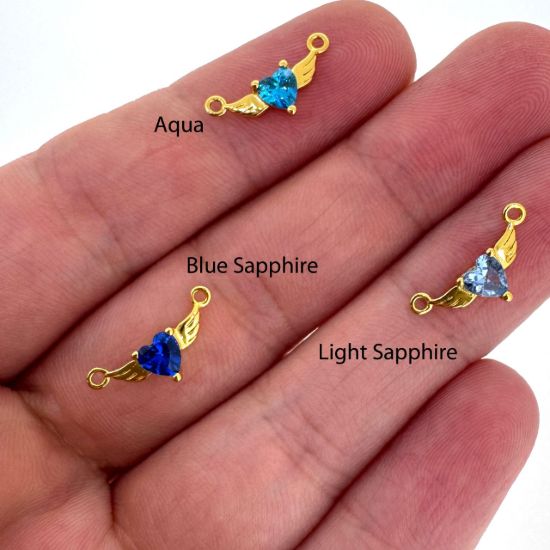 Wholesale Gold over Sterling Silver Heart Birthstone with Angel Wings Connector-AAAA CZ stones