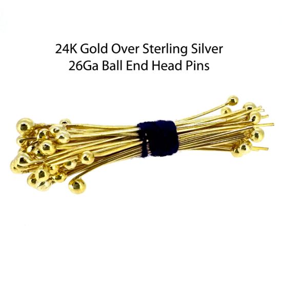 Wholesale Gold Over Sterling Silver Ball End Headpins - 26 Gauge (Pack of 50 pcs) 