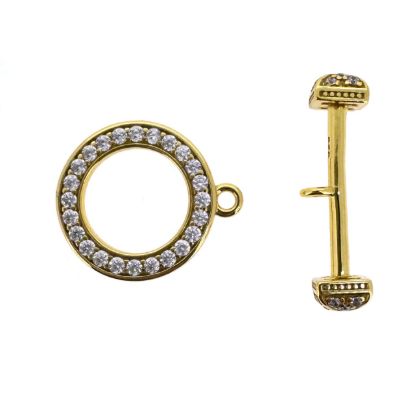 Wholesale Gold Over Sterling Silver Round Toggle with CZ Stones-15mm(Sold per set)