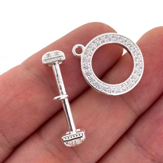 Wholesale 925 Sterling Silver Round CZ Stone Toggle 15mm (Sold per set) 