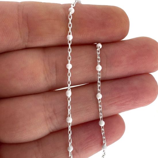 Wholesale 925 Sterling Silver Cable Chain with White Enamel Link - Bulk Chain by the Foot