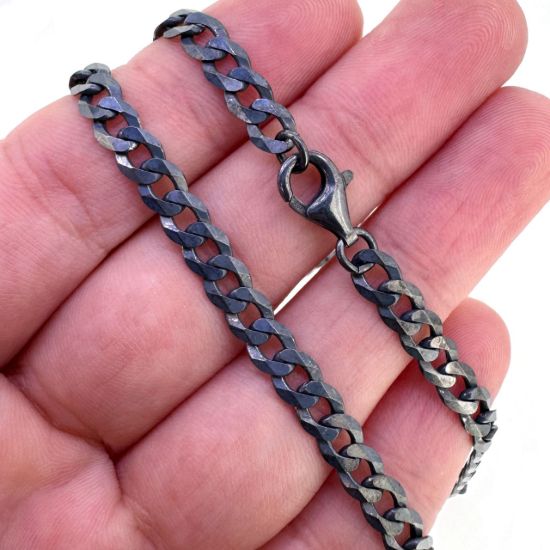 Wholesale Oxidized 925 Sterling Silver Finished Jewelry Chain - Diamond Cut Flat Cuban Chain