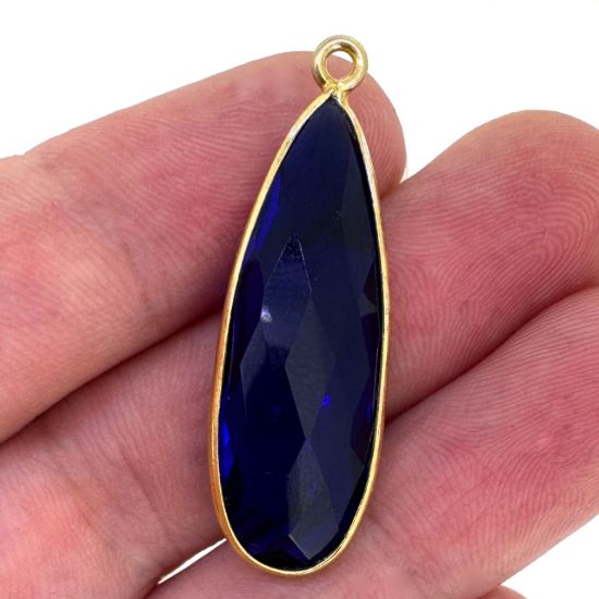 Wholesale Gold Over Sterling Silver Bezel Charm Pendant - 34x11mm Elongated Teardrop - Blue Iolite Quartz