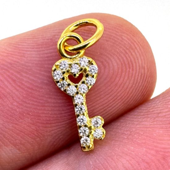 Wholesale Gold Over 925 Sterling Silver Tiny Key Charm with CZ Stones - 10mm (sold per piece)