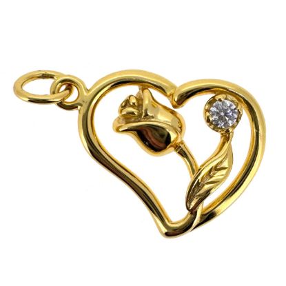 Wholesale Gold Over 925 Sterling Silver Heart Charm with Rose and CZ Charm - 15.5mm (sold per piece)