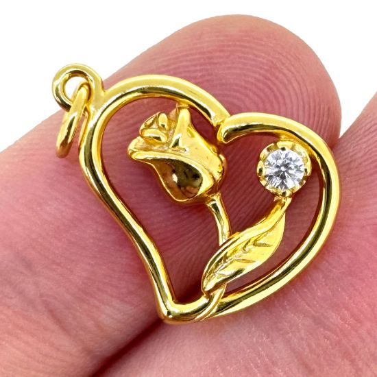 Wholesale Gold Over 925 Sterling Silver Heart Charm with Rose and CZ Charm - 15.5mm (sold per piece)