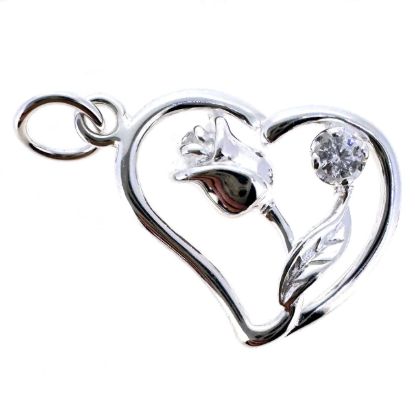 Wholesale 925 Sterling Silver Heart Charm with Rose and CZ Charm  - 15.5mm (sold per piece)