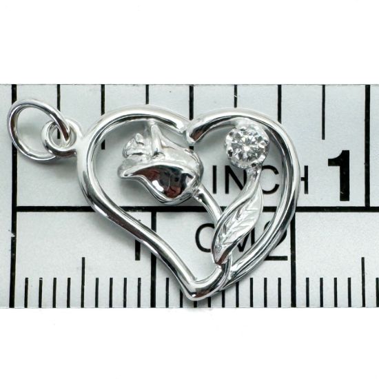 Wholesale 925 Sterling Silver Heart Charm with Rose and CZ Charm  - 15.5mm (sold per piece)