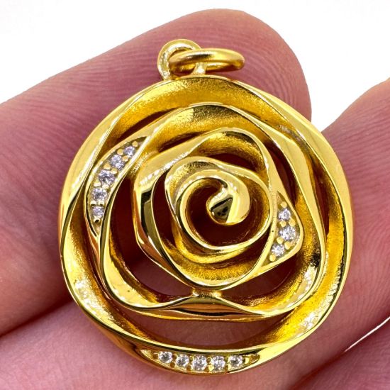 Wholesale Gold Over 925 Sterling Silver Unique Rose Silhouette Charm with CZ Stones - 20mm (sold per piece)