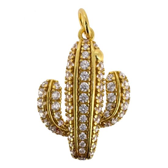 Wholesale Gold Over 925 Sterling Silver Cactus Charm with CZ Stones - 19.5mm (sold per piece)