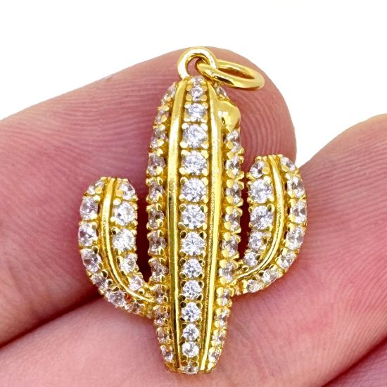 Wholesale Gold Over 925 Sterling Silver Cactus Charm with CZ Stones - 19.5mm (sold per piece)