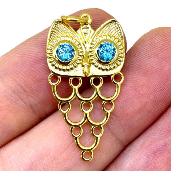 Wholesale Gold Over 925 Sterling Silver Unique Owl Silhouette Charm With CZ Stones - 27mm (sold per piece)