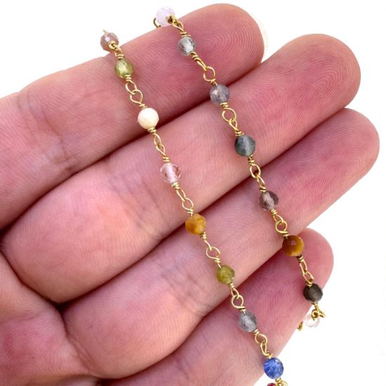 Wholesale Gold Over 925 Sterling Silver 3mm Round Faceted Genuine Multi-Stone Bead Rosary Chain - Bulk Chain (Sold Per Foot)