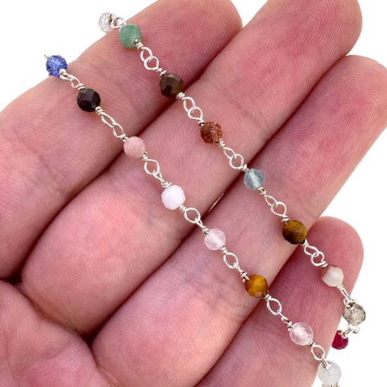 Wholesale Sterling Silver 3mm Round Faceted Genuine Multi-Stone Bead Rosary Chain - Bulk Chain (Sold Per Foot)