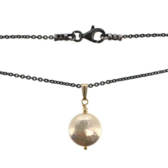 Wholesale Oxidized 925 Sterling Silver Necklace with Gold Filled White Freshwater Pearl Pendant - 18"