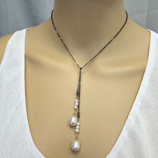 Wholesale Oxidized 925 Sterling Silver Lariat Necklace with Gold Filled White Freshwater Pearl Charms 