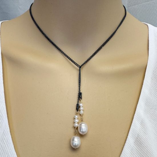 Wholesale Oxidized 925 Sterling Silver Lariat Necklace with Gold Filled White Freshwater Pearl Charms 