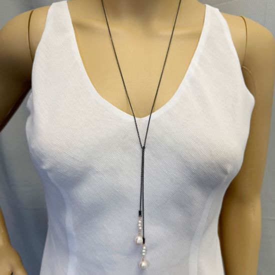 Wholesale Oxidized 925 Sterling Silver Lariat Necklace with Gold Filled White Freshwater Pearl Charms 