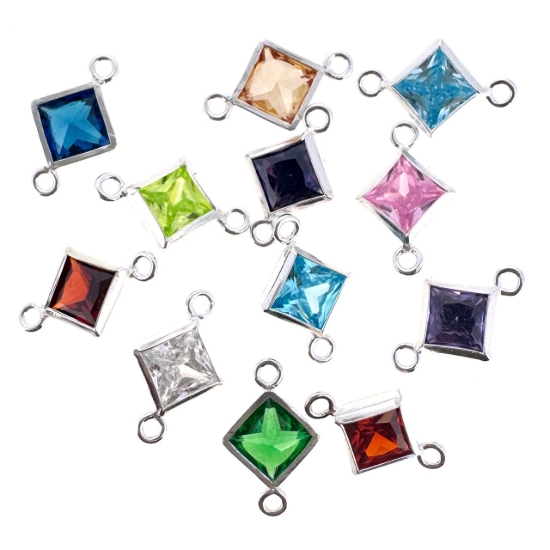 Wholesale 925 Sterling Silver Fancy Tiny Diamond Shaped Birthstone Bezel Connectors - AAA CZ Stones - 4mm (sold per piece)