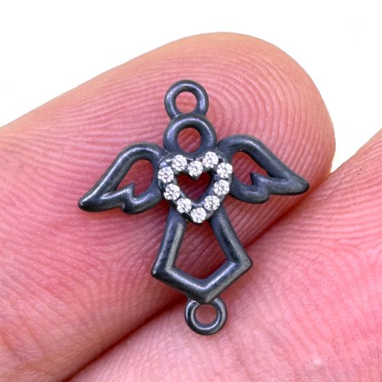 Wholesale Oxidized 925 Sterling Silver Angel Connector with CZ Heart - 10mm (sold per piece)