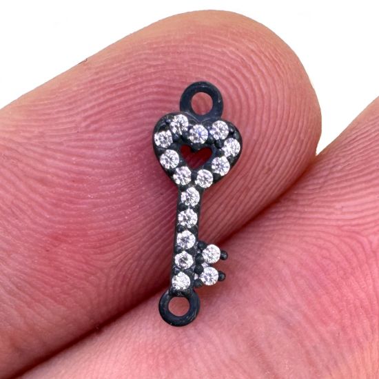 Wholesale Oxidized 925 Sterling Silver Tiny Key Connector with CZ Stones - 13.5mm (sold per piece)