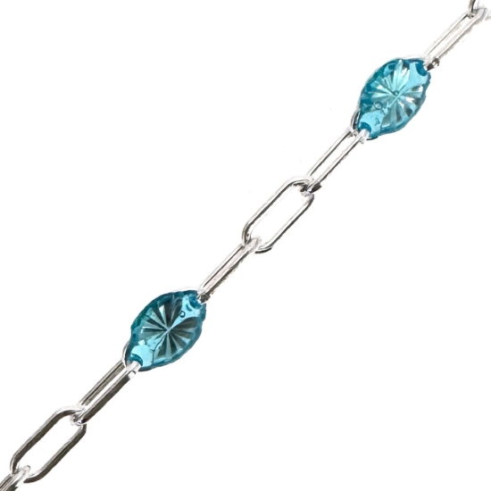 Wholesale 925 Sterling Silver Long Box -1+3 PaperClip Enamel Chain (Aqua Blue Color for March)-4mm by 1.6mm (Sold per foot)