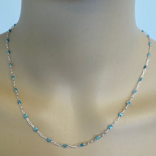 Wholesale 925 Sterling Silver Long Box -1+3 PaperClip Enamel Chain (Aqua Blue Color)-4mm by 1.6mm (Sold per foot)