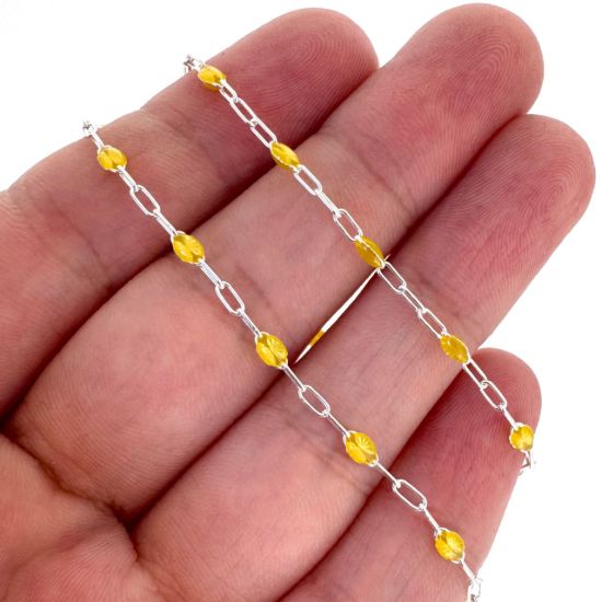 Wholesale 925 Sterling Silver Long Box -1+3 PaperClip Enamel Chain (Citrine Color)-4mm by 1.6mm (Sold per foot)