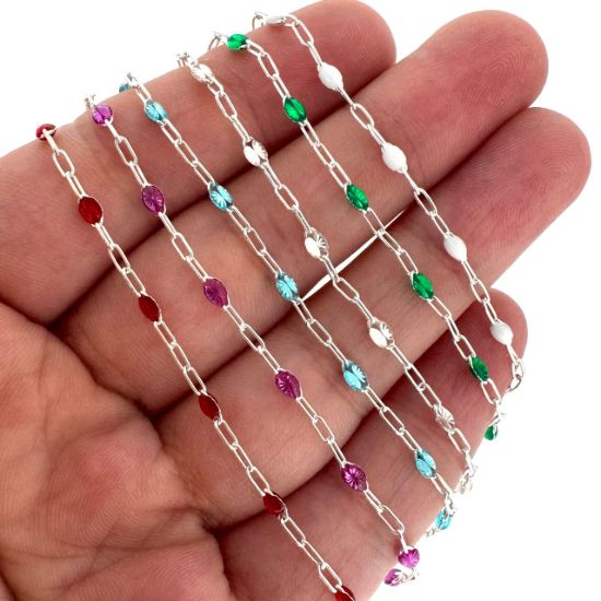 Wholesale 925 Sterling Silver Long Box -1+3 PaperClip Birthstone Enamel Chain Kits -  Set of 12 Months / Colors