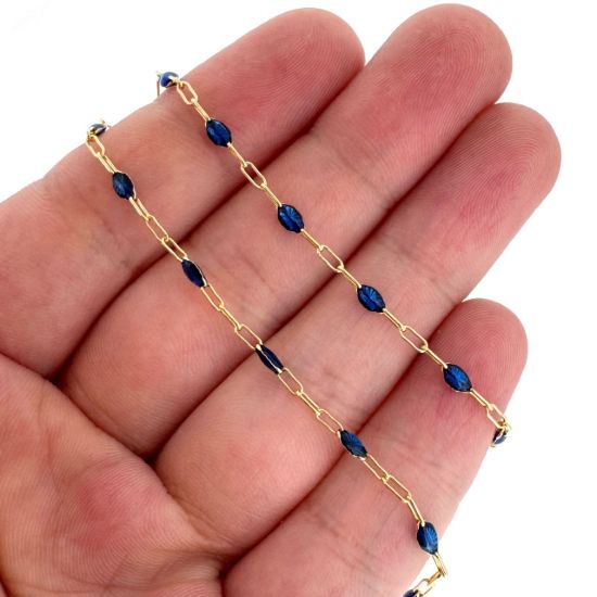 Wholesale 1/20 14K Gold Filled Long Box - 1+3 PaperClip Enamel Chain (Blue Sapphire Color) - 3.6mm by 1.6mm (Sold per foot)