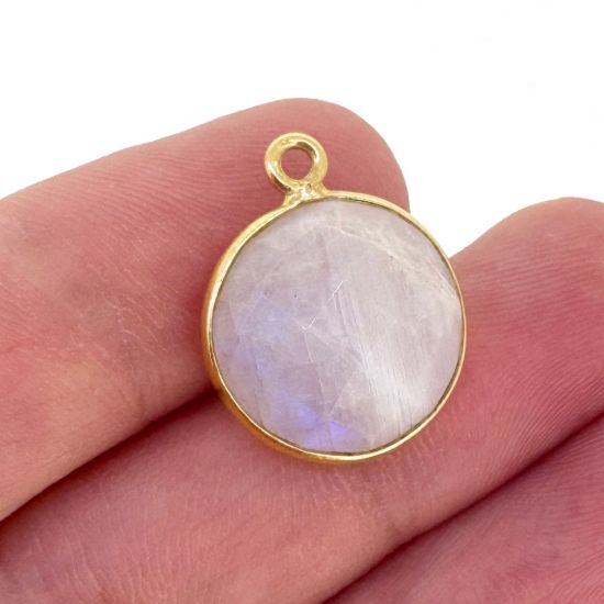 Wholesale 18K Gold Over Sterling Silver Bezel Gemstone Pendant - 14mm Faceted Coin Shape - Moonstone - June Birthstone
