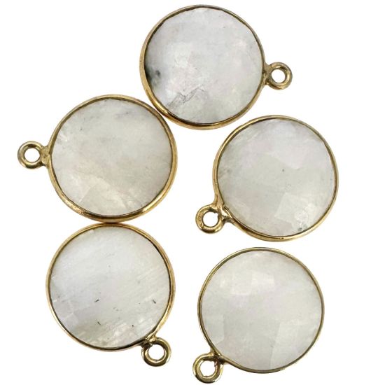 Wholesale 18K Gold Over Sterling Silver Bezel Gemstone Pendant - 14mm Faceted Coin Shape - Moonstone - June Birthstone