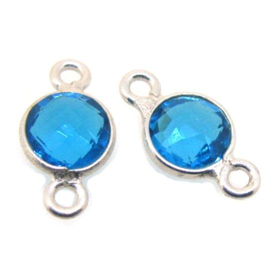 Wholesale Sterling Silver Bezel Gemstone Connectors- 6mm Faceted Coin Shape - Blue Topaz- December Birthstone