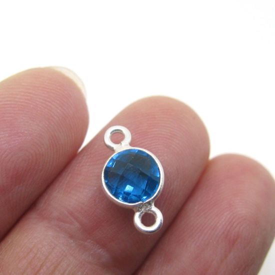 Wholesale Sterling Silver Bezel Gemstone Connectors- 6mm Faceted Coin Shape - Blue Topaz- December Birthstone
