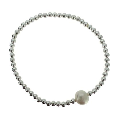 Wholesale 925 Sterling Silver Smooth Beaded Stretchy Bracelet with Single Freshwater Pearls