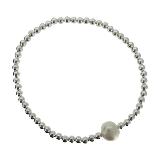 Wholesale 925 Sterling Silver Smooth Beaded Stretchy Bracelet with Single Freshwater Pearls