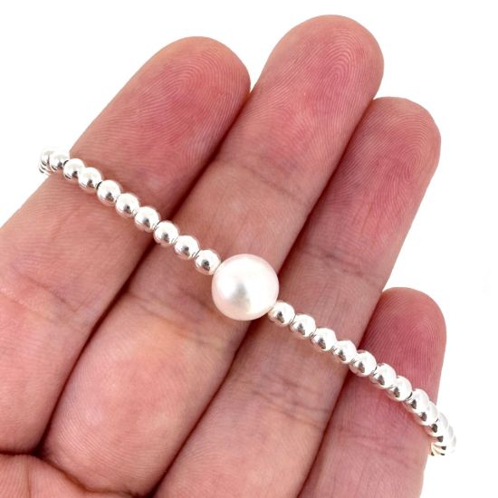 Wholesale 925 Sterling Silver Smooth Beaded Stretchy Bracelet with Single Freshwater Pearls