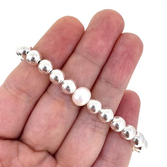Wholesale 925 Sterling Silver Smooth Beaded Stretchy Bracelet with Single Freshwater Pearls