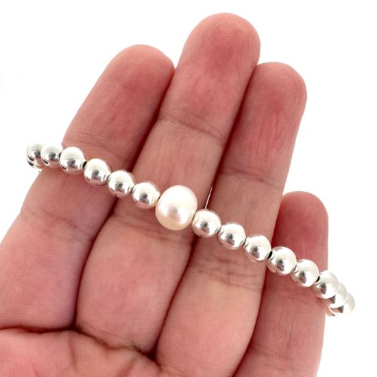 Wholesale 925 Sterling Silver Smooth Beaded Stretchy Bracelet with Single Freshwater Pearls