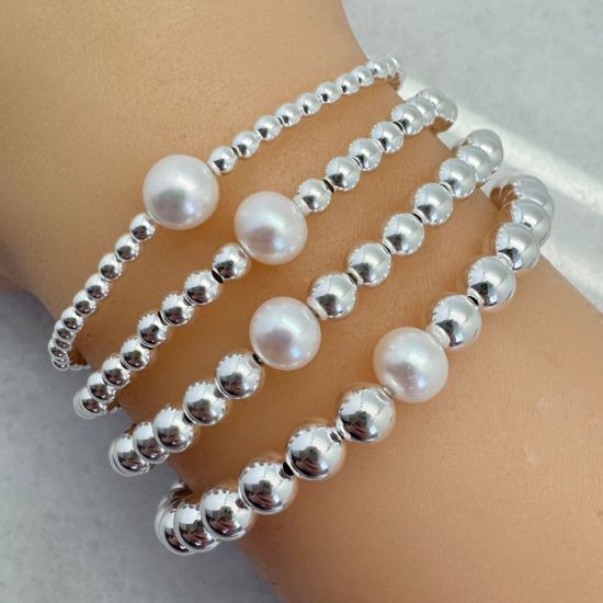 Wholesale 925 Sterling Silver Smooth Beaded Stretchy Bracelet with Single Freshwater Pearls