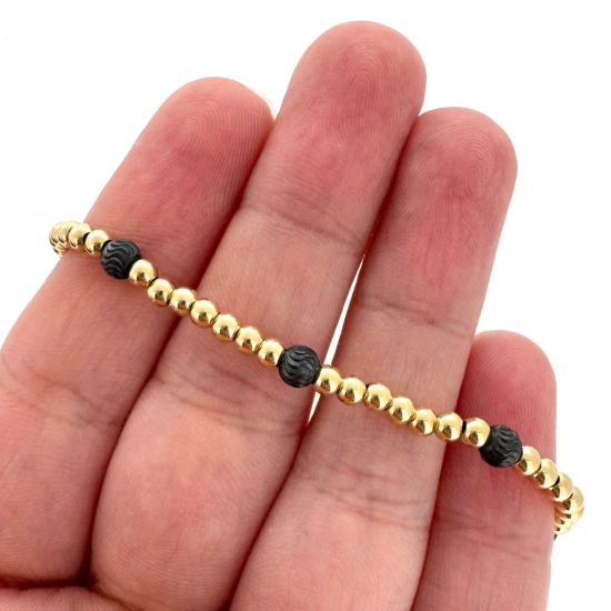 Wholesale 1/20 14K Gold Filled 3mm Smooth Beaded Stretchy Bracelet with 4mm Oxidized Silver Beads - 6.5"