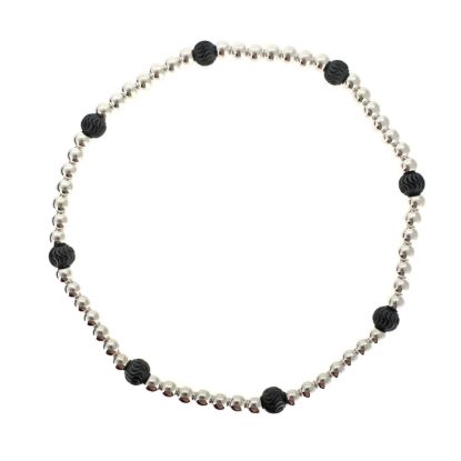 Wholesale 925 Sterling Silver 3mm Smooth Beaded Stretchy Bracelet with 4mm Oxidized Silver Beads - 6.5"