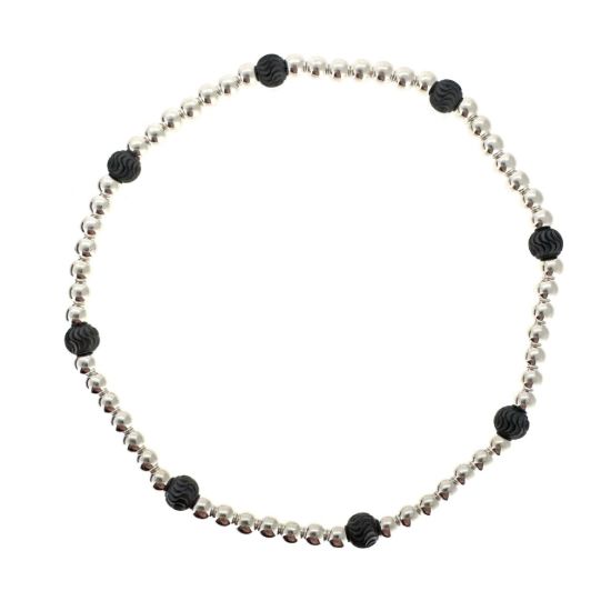 Wholesale 925 Sterling Silver 3mm Smooth Beaded Stretchy Bracelet with 4mm Oxidized Silver Beads - 6.5"