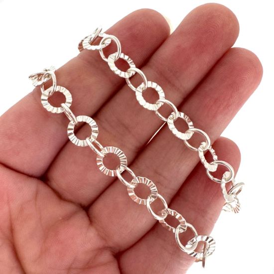 Wholesale Sterling Silver Bulk Chain - 7.5mm Textured and Smooth Circle Rolo Chain (sold per foot)