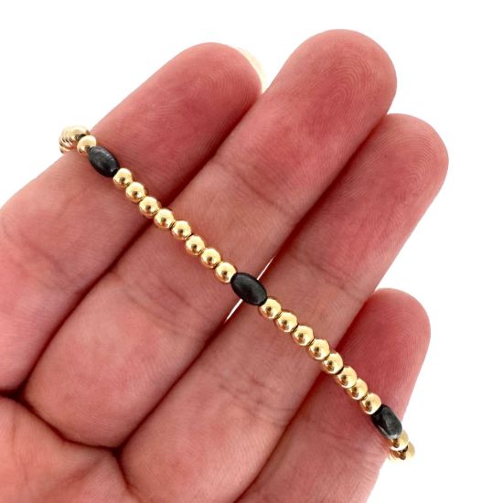 Wholesale 1/20 14K Gold Filled 3mm Smooth Beaded Stretchy Bracelet with 4mm Oval Oxidized Silver Beads - 6.5"